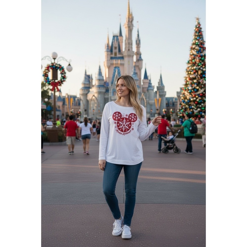 Disney Parks‎ Long Sleeve Boat Neck Mickey Mouse Glitter Holiday Snowflake Sz 1X
